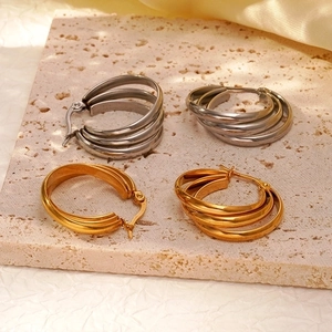 French Vintage Stainless Steel Triple Layered Hoop Earrings For Women Gold Silver Electroplated Geometric U-shaped Fashion Jewelry