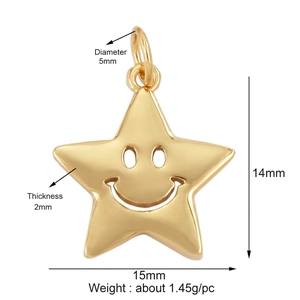 Detailed view of a gold-plated star pendant with smiley face and size 15mm by 14mm