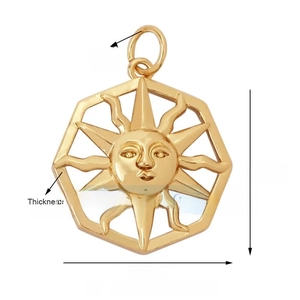 Detailed view of gold sun pendant showing dimensions 18mm with humanized face design
