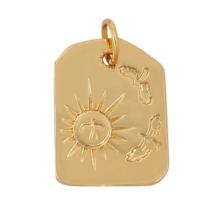 Detailed view of sun and bird relief gold pendant, size 26x20mm, weight 4.77g