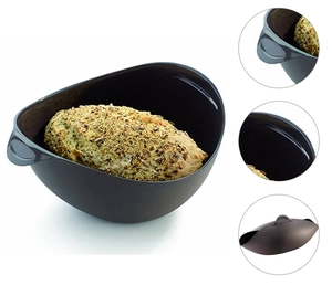 Macro detail of dark grey silicone bread maker showing texture, handle and closure mechanism