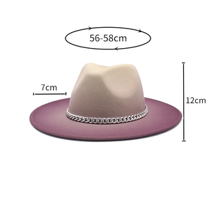 Detail view of gradient purple fedora hat with metal chain showing 7cm brim width