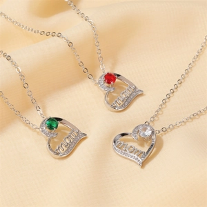 Silver Mom heart necklaces with sparkling zircons and colorful gemstones set on satin