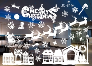 White Christmas window decals featuring Santa, reindeer, and snowflakes for glass decor