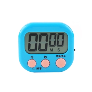 Sky blue square digital kitchen timer with large LCD display and pink function buttons