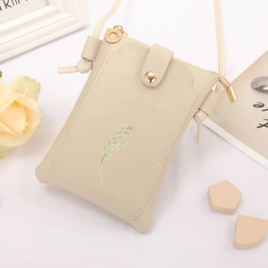 Beige mobile phone crossbody bag with leaf print and front card slot for women