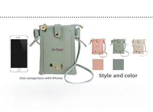 Detail of compact PU leather phone bag with dual pockets and cactus print strap view