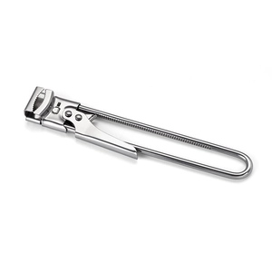 Adjustable stainless steel jar opener tool for various lids on a white background