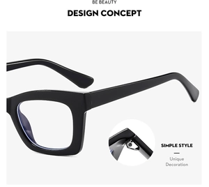 Detail shot of sturdy metal hinges and bold frame design of black square eyeglasses