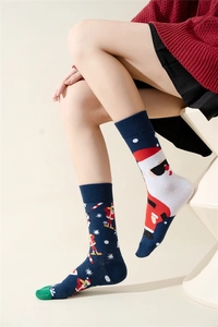 Detail of Christmas crew socks with Santa Claus pattern and snowflake knit texture