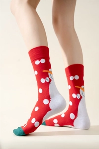 Close-up of red cotton Christmas socks with snowman patterns and green toe details