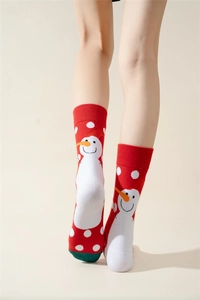 Detailed knit texture of red Christmas crew socks featuring white snowman and polka dot patterns