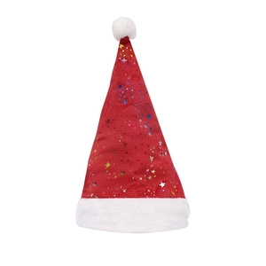 Red plush Christmas hat with colorful shimmering stars and white faux fur trim