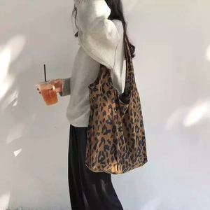 Women Leopard Print Corduroy Shoulder Bag Large Capacity Vintage Tote Bag For Daily Shopping Chic Casual Handbag