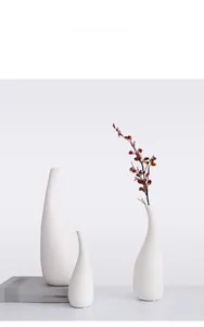 Vue détaillée de vases en céramique blanc mat en trois tailles avec branches sèches rouges