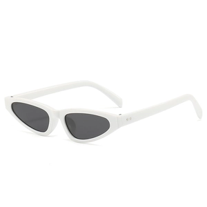 White cat-eye sunglasses with dark polarized lenses and studded temples for a retro hip-hop look