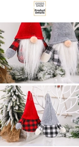 Detail of Nordic Christmas gnome ornaments with plaid hats hanging on white branches