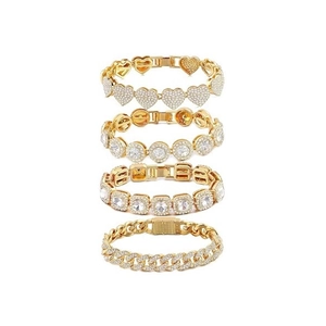 Set of 4 gold hip hop bracelets featuring heart, square, and round cz stones cuban links