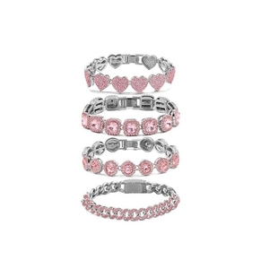 4-piece silver Cuban chain bracelet set with pink rhinestones in heart and square shapes