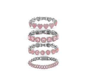 Detailed view of silver finish hip hop chain bracelets set with sparkling pink rhinestones