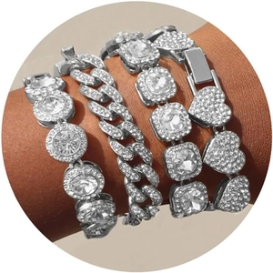Set of 4 silver hip hop bracelets with Cuban link, heart, and square diamond charms