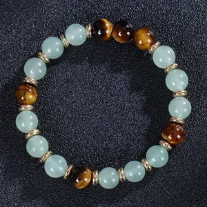 8mm Green Aventurine and Tiger Eye beaded stretch bracelet with gold metal spacers