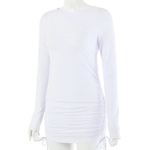 Detail view of white long sleeve ribbed knit dress with adjustable side drawstring