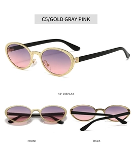 Detailed multi-angle view of oval metal sunglasses with purple gradient lenses and gold frame