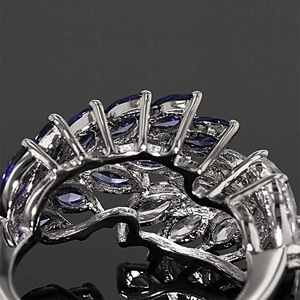 Elegant marquise-cut blue sapphire and zircon flower ring in silver finish for women