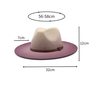 Size guide for wool fedora hat with gradient colors and leather buckle band detail