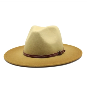Two-tone gradient wool fedora hat with wide brim and leather buckle belt for men and women