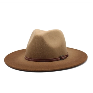Two-tone wool felt fedora hat in gradient camel and coffee brown with a leather belt strap