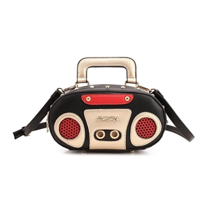 Retro radio shaped handbag in black PU leather with red speaker details and shoulder strap