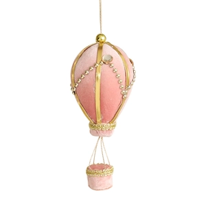 Pink velvet hot air balloon Christmas ornament with gold glitter and pearl accents