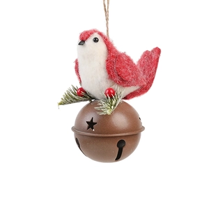 Handmade wool felt bird ornament with pine needles and metal bell for Christmas tree decor