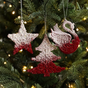 Flocked Red Christmas Ornaments Glitter Snowflake Reindeer Star Hanging Decorations Luxury Holiday Tree Decor