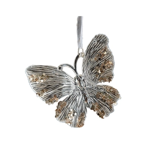 Glittery silver and gold acrylic butterfly pendant with hanging silk ribbon for Christmas