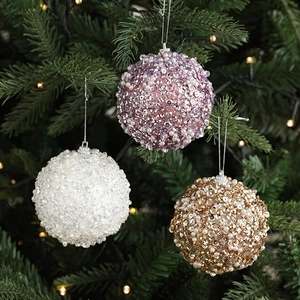 8cm Christmas ball ornaments with sequins and faux pearls hanging on a festive tree