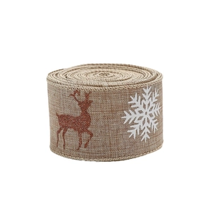 Christmas burlap ribbon roll with red glitter reindeer and white snowflake patterns