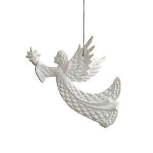 White glitter angel wing ornament holding a star for Christmas tree decoration