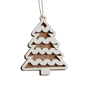 Minimalist Nordic wooden Christmas tree ornament with white waves and hanging rope