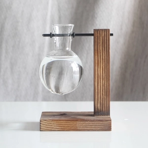 Detail of clear glass bulb vase suspended on a vintage wooden stand for hydroponic plants