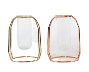 Minimalist geometric metal tube vases in gold and rose gold for modern home hydroponics