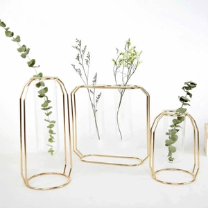 Minimalist Geometric Metal Frame Test Tube Vase Transparent Glass Hydroponic Plant Holder Modern Home Desktop Decor