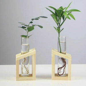Minimalist Nordic glass test tube vase set with wooden geometric stand for hydroponic plants