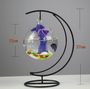 Detail of 27cm black iron stand with a 12cm hanging glass fish bowl and dimensions
