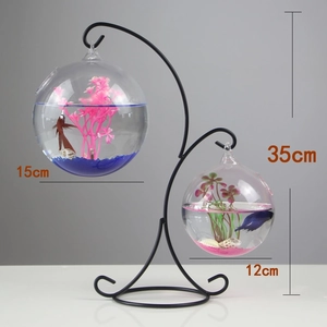 Hanging glass fish bowl set with dual spheres on a 35cm black iron stand for decor