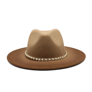Detail of wool fedora featuring two-tone gradient design and pearl metal chain band