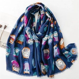 Dark blue cotton linen feel scarf with colorful cartoon owls and fringe tassels