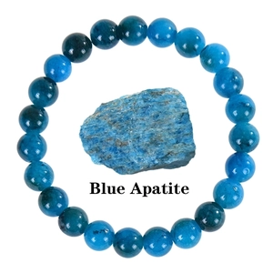 Natural blue apatite stretch bead bracelet with raw gemstone on white background